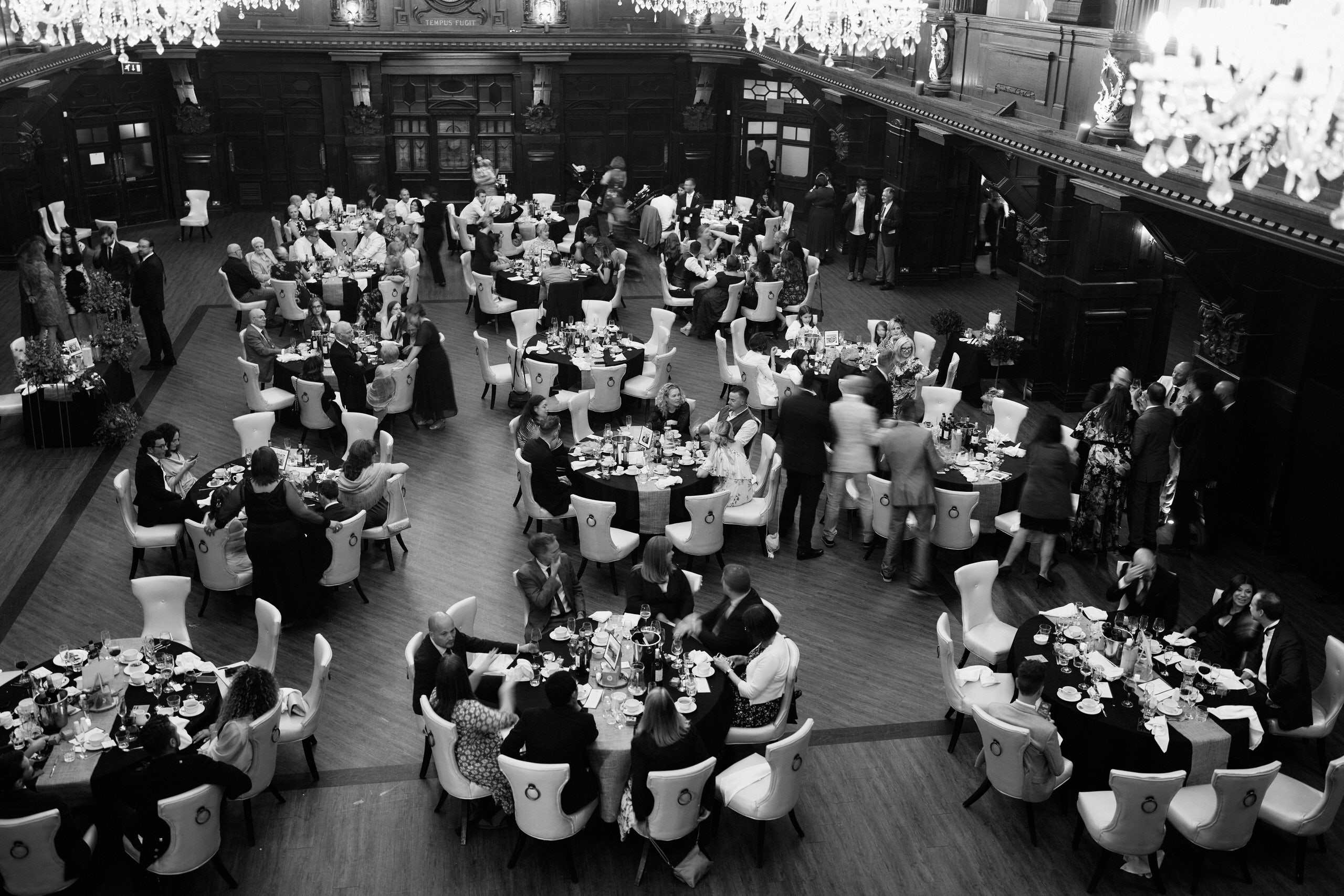 A wedding reception picture in black and white.