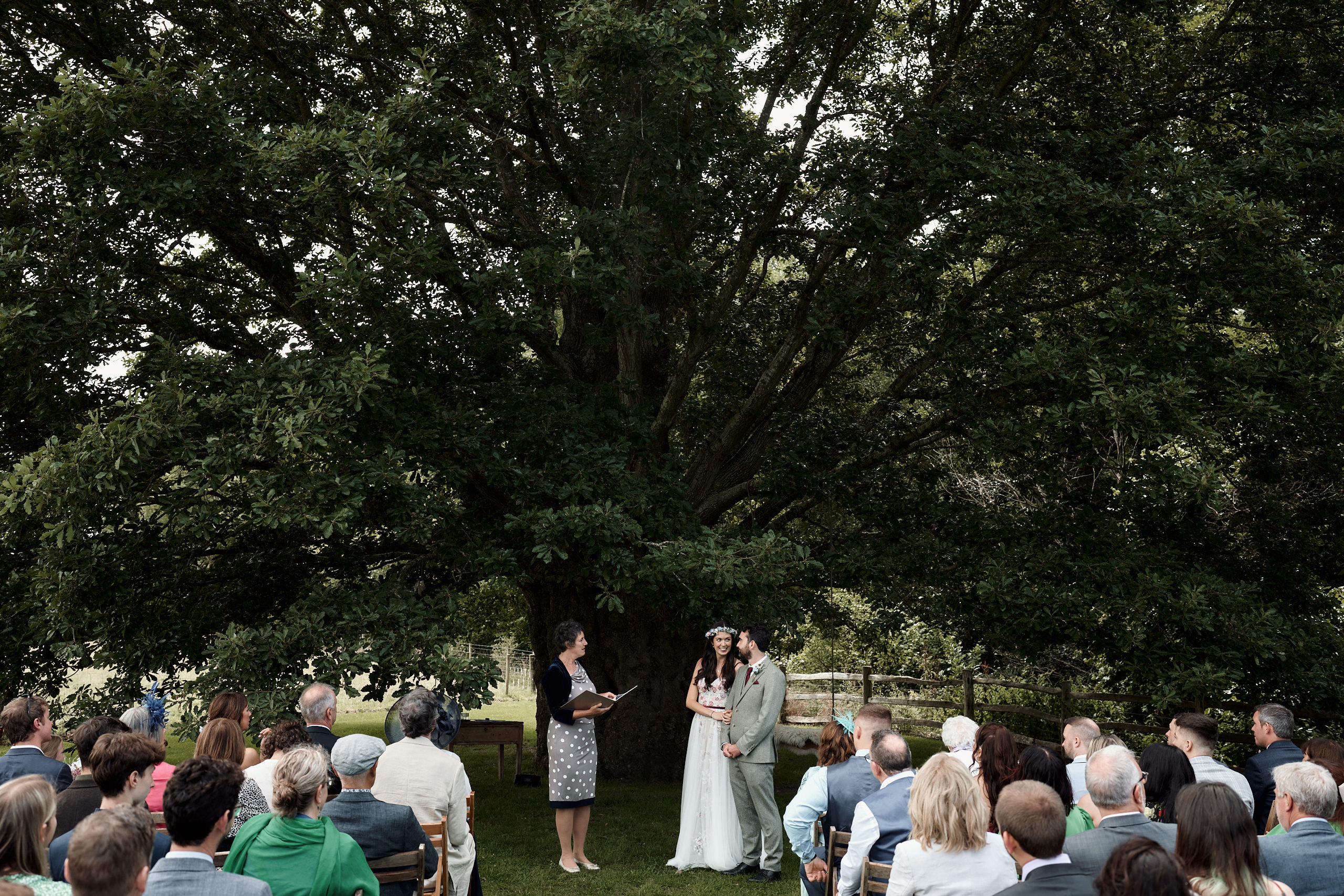A wedding taking place under a big tree.