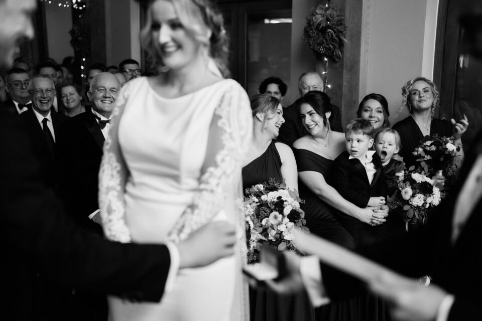 A black and white picture from a wedding.